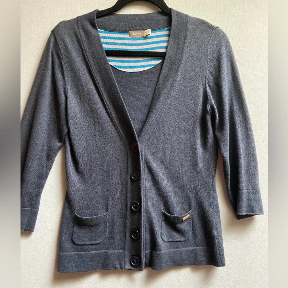 Roots Organic Cotton Knit 3/4 Sleeve Button Front Cardigan M